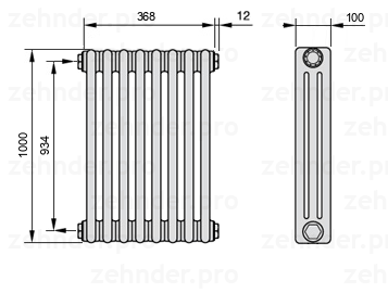 Схема (чертеж) Радиатор Zehnder Charleston 3100/8 №1270 Белый глянцевый RAL 9016